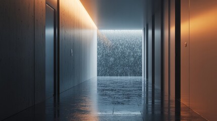 A hallway with a wall of glass and a rain shower