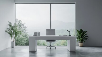 A white office desk with a chair and a potted plant in front of a window