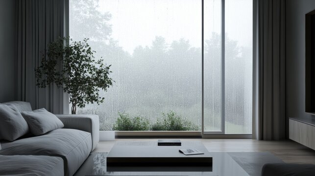 A living room with a large window that is raining outside
