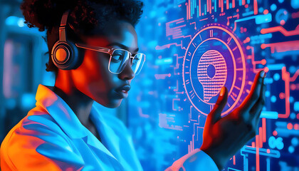 AI cyber security concept. Diverse IT specialist team analysing artificial intelligence digital risk threats to consumer data & privacy. Software developers coding & ethical hacking in dark office