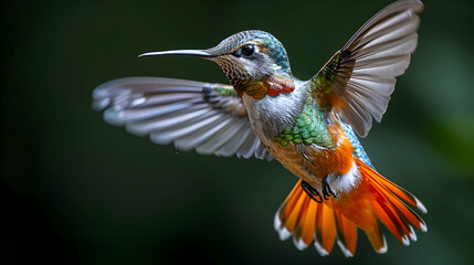 Fototapeta premium Amazon Crimson Topaz hummingbird in mid-flight, its vibrant colors and wings creating a dynamic scene