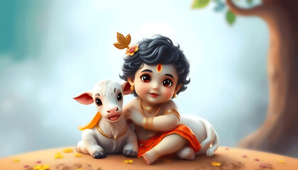 Cute baby Lord Krishna sits near to a sacred cow Hindu god Lord Krishna with a little calf. Indian religious festival. Krishna Janmashtami, Govardhan Puja, Vasubaras.	