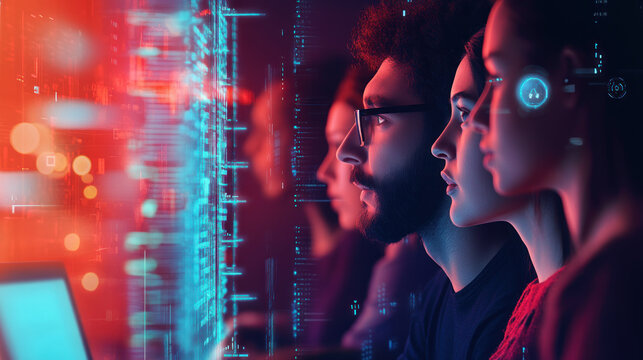 AI-driven cybersecurity threat concept illustration. Diverse IT specialist team analyzing data and information technology, focusing on artificial intelligence cyber attack analysis, side view 