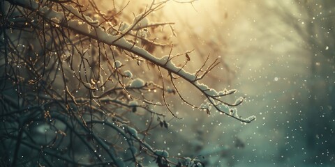 Frozen tree branches in a winter snowstorm with fading traces