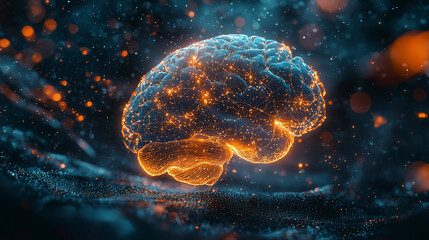 A glowing brain pulses with energy in a futuristic scientific setting