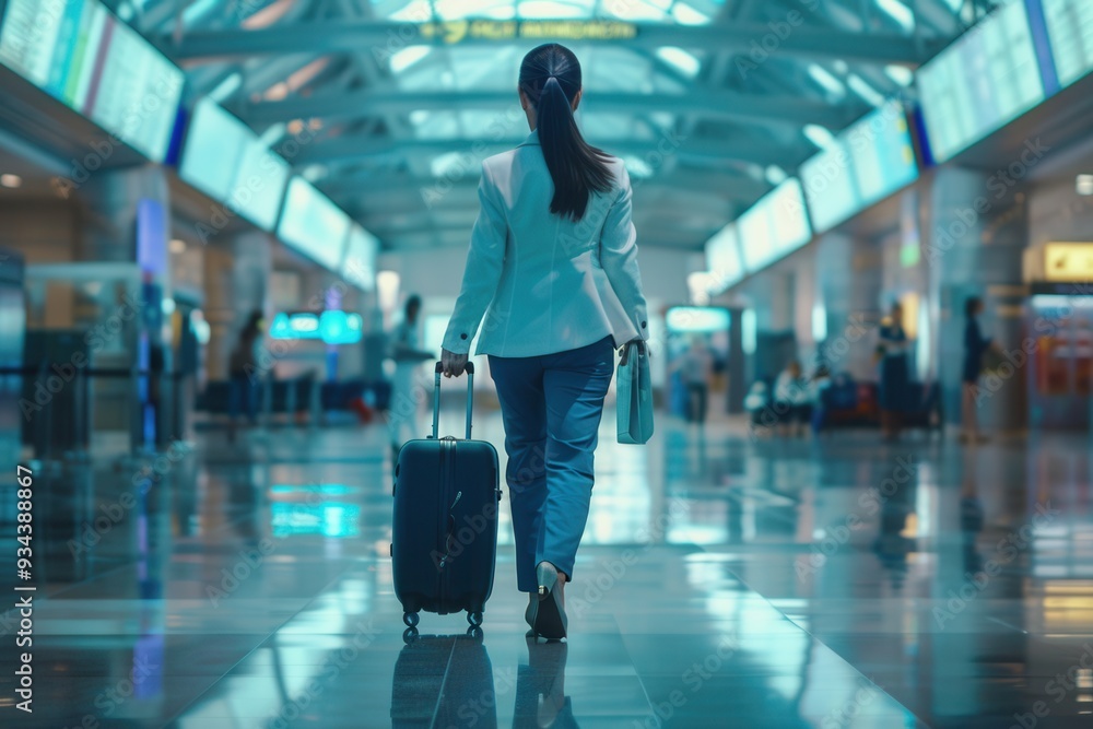 Poster a flight attendant is walking through the airport terminal, pulling a suitcase, and carrying documen