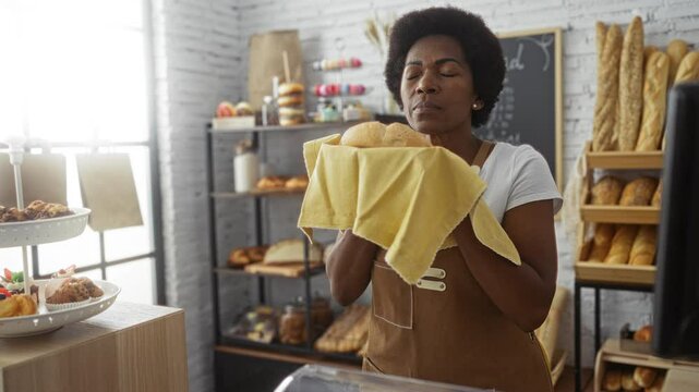African american woman with curly hair wearing an apron, smelling fresh bread in a bakery with shelves full of various baked goods.