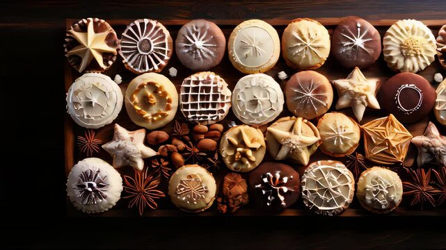 Delicious and cozy Christmas gingerbread cookies with patterns New Year's background