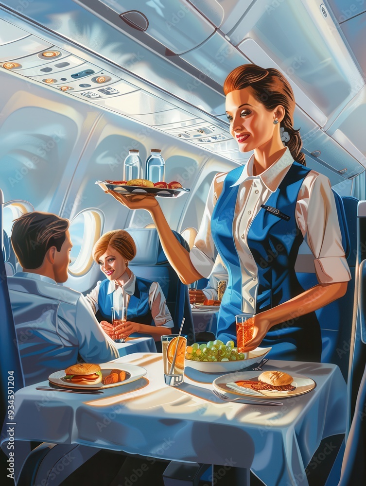Poster a flight attendant serves food and drinks to passengers seated comfortably in an aircraft while they