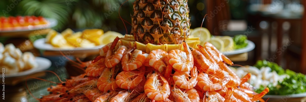 Poster Shrimp displayed in a pineapple design on a buffet table