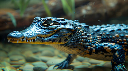 Fototapeta premium Amazon Dwarf Crocodile swimming in clear waters, its distinctive body and scales visible