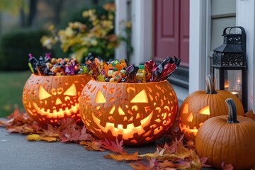 Carved Pumpkin Candy Holders with Festive Halloween Decor and Autumn Leaves