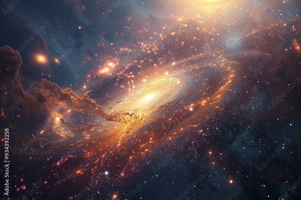 Wall mural glowing spiral galaxy with bright center and dust clouds in deep space.