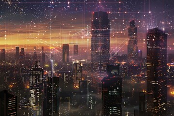 Contemporary cityscape with integrated wireless network connectivity, highlighting seamless urban