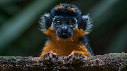 Naklejka premium Amazon Dwarf Titi Monkey sitting on a branch, its expressive face and fur details visible