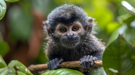 Amazon Dwarf Titi Monkey sitting on a branch, its expressive face and fur details visible