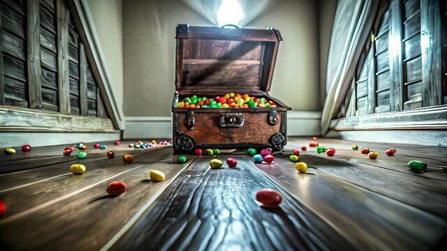 Treasure chest overflowing with colorful candies, spilling across a wooden floor in an attic, creating a playful and festive Halloween scene. Ideal for Halloween parties, trick or treat events, and ch