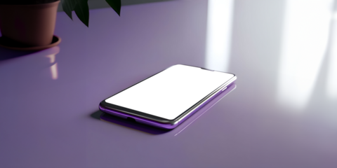 Telefone celular com tela transparente sem fundo, sobre mesa reflexiva com vaso de planta ao lado.