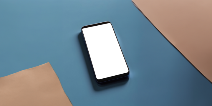 Mockup realista de smartphone, vista superior sobre mesa de escritório. Template de celular com tela transparente sem fundo