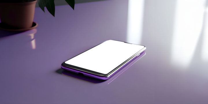 Telefone celular com tela transparente sem fundo, sobre mesa reflexiva com vaso de planta ao lado.