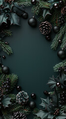 Dark Green Christmas Background with Pinecones and Holly