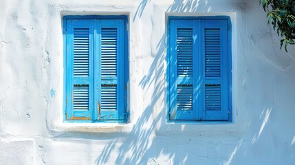 Two closed purple wooden window shutters on a white stucco wall with shadows cast from leafy branches.