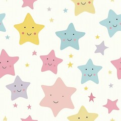 Seamless pattern with smiling pastel-colored stars on a light background, ideal for childrens designs and nursery decor. ai