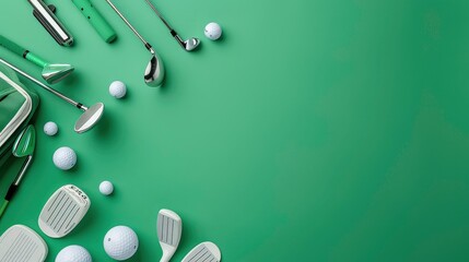 A close-up of golf clubs and balls on a green background. There are 7 golf balls, 6 golf clubs, and a golf bag. The clubs are mostly silver, and the balls are white. The background is a solid green.