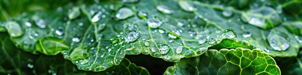 Close-up with Shallow Depth of Field of water droplets adorning a green Brussels sprouts seedling leaf, sparkling after a summer rain, offering nourishment to the young plants in a vegetable garden.