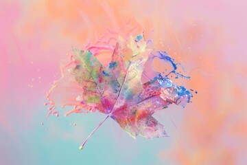 Obraz premium Maple leaf resting on a blend of pink, orange, and blue paint, forming an abstract and vibrant composition with smooth textures. ai