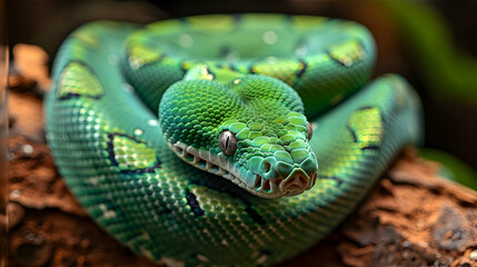 Fototapeta premium Amazon Emerald Tree Boa resting on a branch, its vibrant green scales contrasting with the brown wood