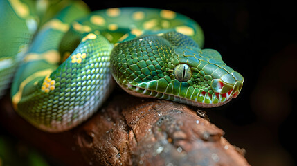 Fototapeta premium Amazon Emerald Tree Boa resting on a branch, its vibrant green scales contrasting with the brown wood