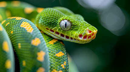Fototapeta premium Amazon Emerald Tree Boa detailed scales and eye, with a blurred background