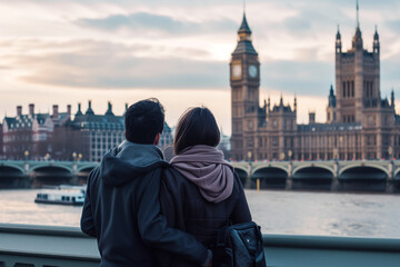 Obraz premium Couple enjoying a romantic moment by the River Thames at sunset