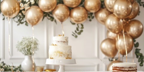 Stylish gold balloons paired with a minimalist birthday cake to commemorate the milestone of reaching adulthood.