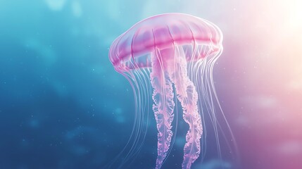 Pink Jellyfish Swimming in Blue Water with Sunbeams