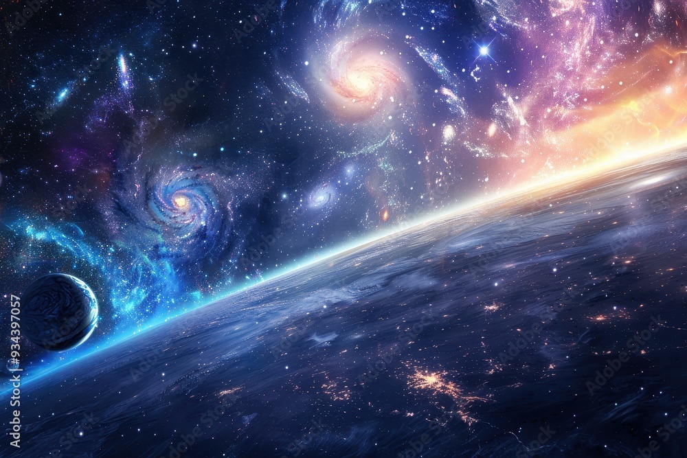 Wall mural earth's horizon with colorful nebulae and glowing stars in deep space