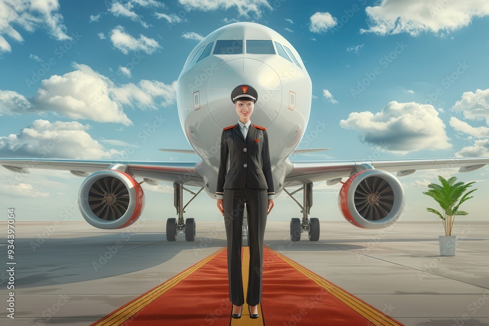 Poster a flight attendant poses confidently on the tarmac, with an airplane and blue skies creating a vibra