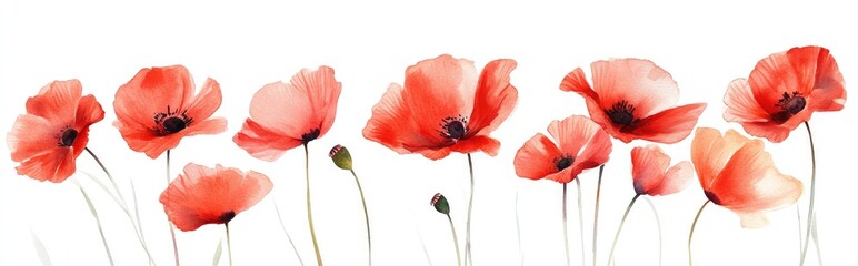 Obraz premium Watercolor artwork of red poppies capturing the essence of wildflowers and seasonal beauty against a white background