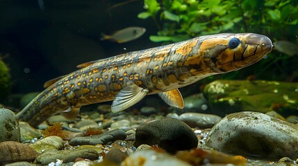 Amazon Forest Eel swimming in a clear river, its elongated body and fins visible