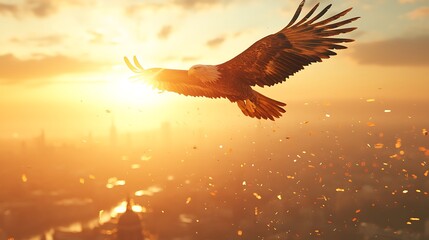 Obraz premium Golden Eagle Soaring Above Cityscape at Sunset