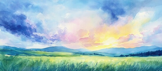 Obraz premium Watercolor artwork depicting a vibrant summer sky and landscape