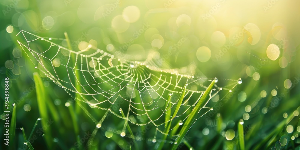 Poster late season green grass with delicate spider web adorned with tiny dewdrops selective focus horizont