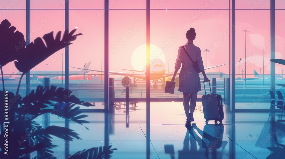 Poster a flight attendant strolls through the airport terminal, pulling a suitcase as the sunset casts a wa