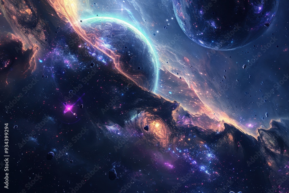 Wall mural breathtaking space panorama with vibrant nebula and distant planets