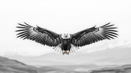 Naklejka premium Bald Eagle Soaring Over Mountains in Black and White