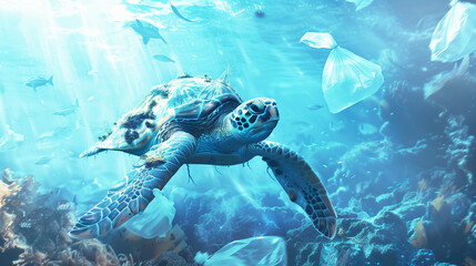 Fototapeta premium Turtle swims in a polluted sea