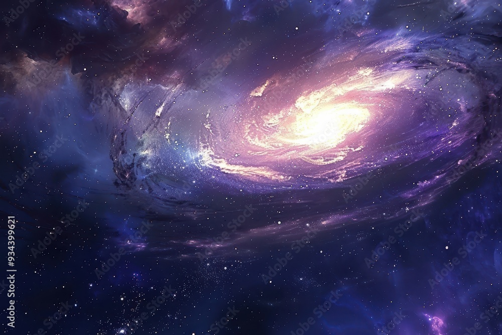 Wall mural glowing spiral galaxy with bright center and dust clouds in deep space.