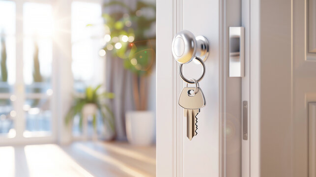 Keys Hanging on a Door. Concept of Buying New Home and Real Estate