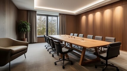 Fototapeta premium A grand meeting room with high ceilings and ornate chandeliers, fit for important business meetings and negotiations.